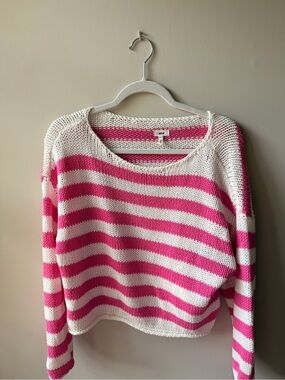 aerie White and Hot Pink Striped Scoop-Neck Sweater
